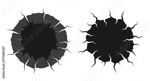 Two dark cracked holes in a white surface graphic design element