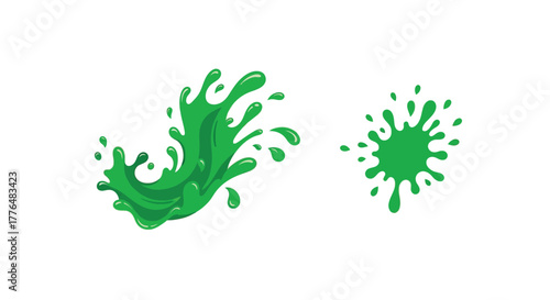 Vibrant green liquid splashes and splatters on a clean white background