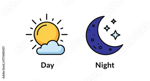Simple illustration depicting sun clouds moon and stars for day and night