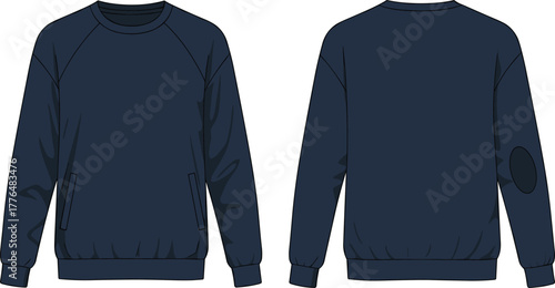 Navy blue sweatshirt, front and back view, fashion sketch, casual wear, ribbed cuffs, elbow patch, vector apparel, garment design