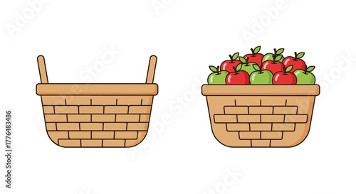 Two woven baskets one empty and one filled with red and green apples