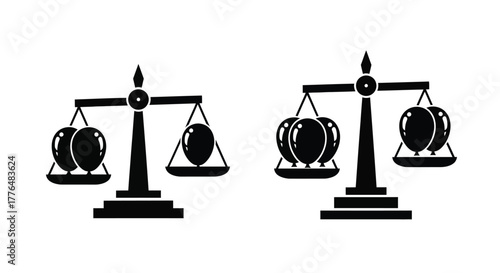Simple black and white illustration of two balancing scales with eggs