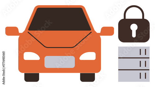 Orange car beside lock and server icons symbolizing automotive cybersecurity, data protection, and system reliability. Ideal for technology, security, automotive, encryption, servers, innovation