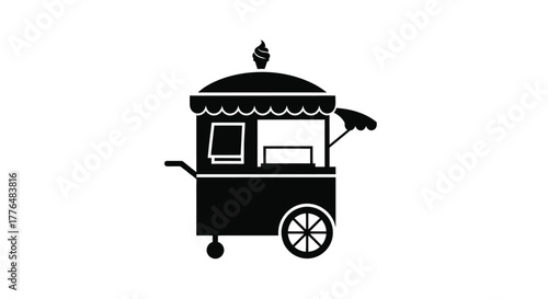 Simple black and white illustration of a vintage food cart design