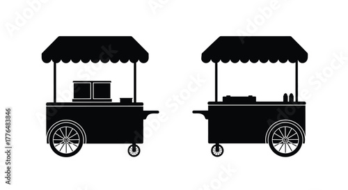 Simple black and white illustration of two food vendor carts displayed