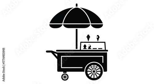 Simple black and white illustration of a classic food vendor cart