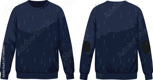 Navy blue sweatshirt, rain pattern design, long sleeves, ribbed cuffs, elbow patches, stylish outerwear, casual fashion, trendy apparel, vector illustration