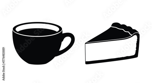 Simple black and white illustration of coffee and a slice of pie