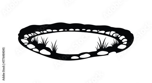 Simple black and white illustration of a pond with rocks and grass