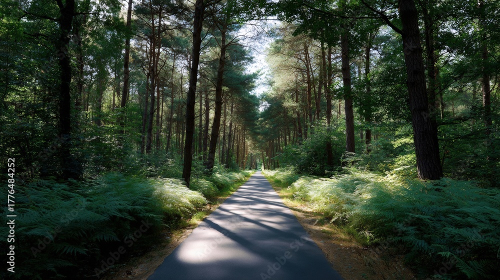 Fototapeta premium Long, narrow pathway in the middle of a dense forest. the pathway is surrounded by tall trees on both sides, with their trunks reaching up towards the sky.