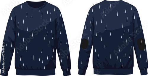 Navy blue sweatshirt, raindrop pattern, fashion apparel, casual wear, front and back view, elbow patch, trendy design, isolated, clothing mockup