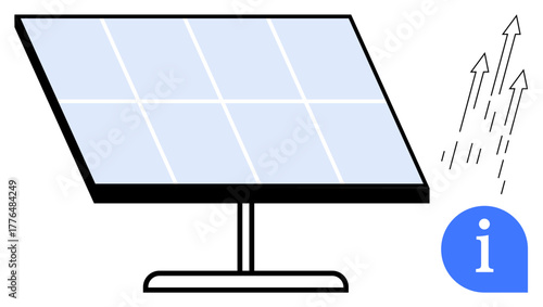 Solar panel absorbing sunlight and converting it into electricity, accompanied by an info icon. Ideal for energy efficiency, renewable energy, sustainability, eco-friendly living, climate change