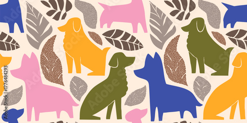 Cute seamless pattern with different dogs and puppies. Vector background with cut-out dog silhouettes, leaves. Cute funny colorful texture. Repeating design for decor, print, fabric, package, textile