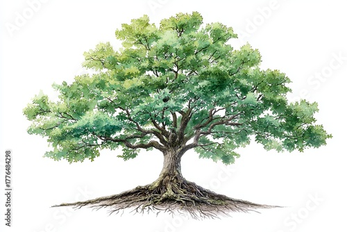 Mature deciduous tree rendered in watercolor style displays dense green foliage and exposed surface roots