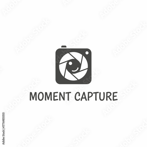A stylized camera icon featuring an open aperture in a grayscale color scheme. Text says "moment capture
