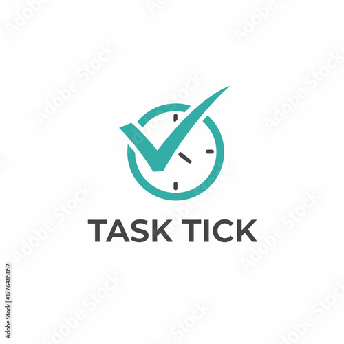 A teal checkmark incorporated into a clock face, above a  of "TASK TICK" in a modern style