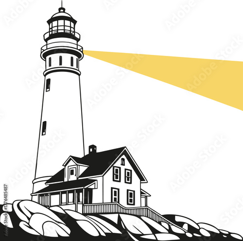 Lighthouse tower with light beam and keeper house vector art