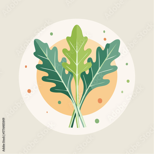 Three Fresh Green Arugula Leaves Arranged Artfully on a Soft Orange Circle Against a Pale Beige Background with Speckles of Orange and Green