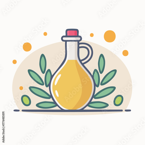 Glass jug filled with golden yellow olive oil adorned with green olive branches and orange dots on a cream colored background with soft lighting