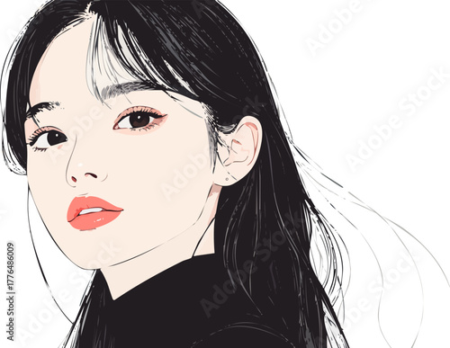 軽く微笑むロングヘアの女性のおしゃれな手描きイラスト素材