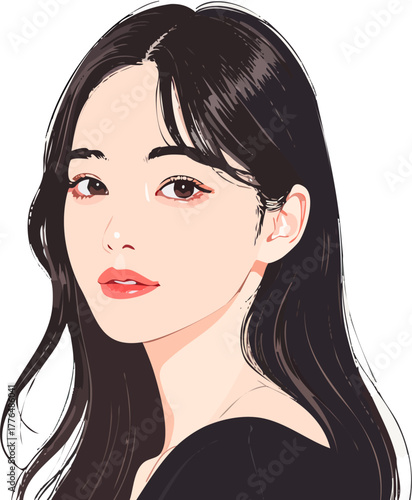 軽く微笑むロングヘアの女性のおしゃれな手描きイラスト素材