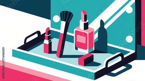 Illustration Vector Of Favorite Beauty Products (Lipstick, Perfume, Brush) Carefully Arranged On A Vanity Tray Vector Design Template
