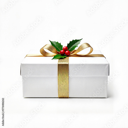 Elegant gift box with holly and ribbon on white background, celebration