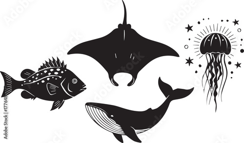 Black Silhouette Marine Life Collection With Fish Whale Manta Ray Jellyfish