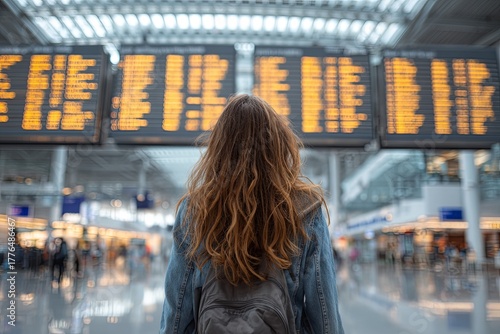 Young woman stands before large departure and arrival information screens inside a modern transportation terminal
