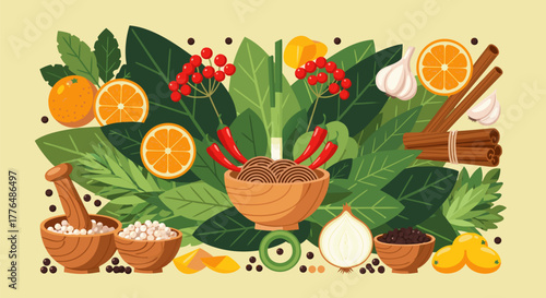 Vibrant illustration of fresh herbs, aromatic spices, and natural ingredients, artfully arranged for culinary inspiration and healthy gourmet cooking