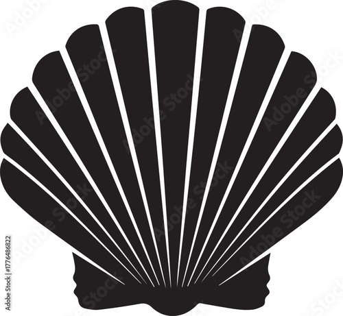 Black Silhouette Scallop Shell With Radial Lines seashell