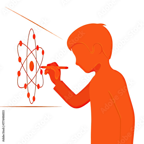 Young student passionately drawing atom, learning about science and chemistry, future scientist, educational concept, vector illustration, STEM education
