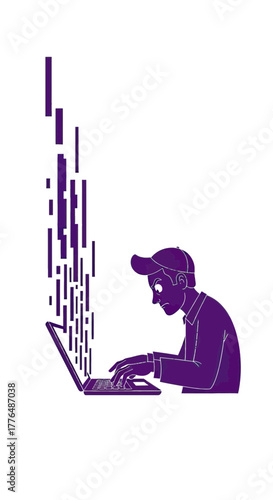 Concentrated coder typing furiously at a laptop with data stream, perfect for illustrating technology, cybersecurity, or the digital age with vector appeal