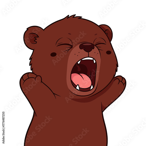 Adorable brown bear cub yawning widely with eyes closed, paws up in the air, perfect for children's books or educational materials, originally created as vector art