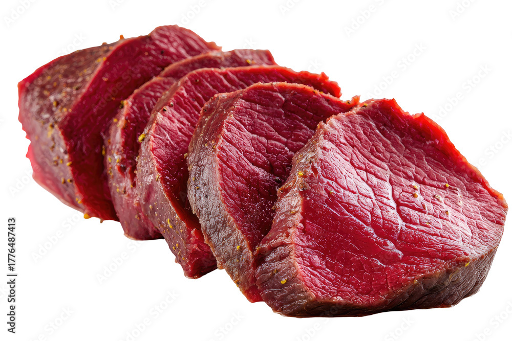 Fototapeta premium Slices of raw, reddish-pink meat, seasoned with specks