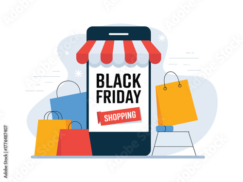 Vector art of black friday sale on mobile phone with shopping bag