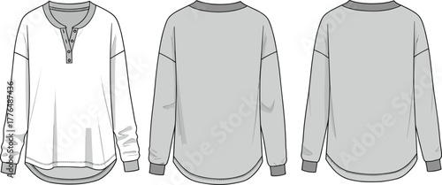 Pullover shirt fashion sketch, long sleeve top design, buttoned neckline, ribbed cuffs, casual wear, garment flat, apparel template