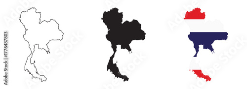 Thailand map vector set with editable country outline black silhouette and national flag design featuring red white and blue horizontal stripes isolated on white background for geography