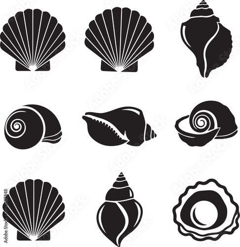 Nine Black Silhouette Seashells Including Scallops and Cones