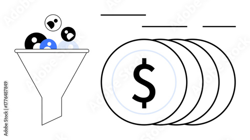 Funnel processing diverse dots into stack of dollar coins, symbolizing sales conversion, monetization, and success. Ideal for marketing strategy, sales process, lead generation, business growth, ROI