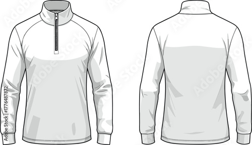 Quarter zip pullover, technical fashion sketch, long sleeve activewear, raglan sleeve design, garment flat drawing, apparel template, clothing illustration