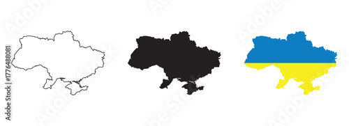 Ukraine map vector set with editable country outline black silhouette and national flag design featuring blue and yellow horizontal stripes isolated on white background for geography and education use