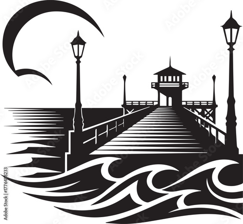 Stylized Pier with Moon and Waves Silhouette dock ocean