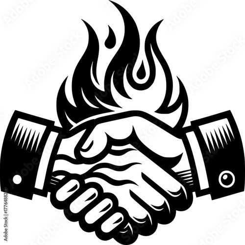 Burning Deal: A striking illustration depicts two hands clasped in a firm handshake, a symbol of agreement and commitment, with flames erupting above, representing passion and intensity.