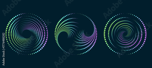 Twisted colored spiral. Curved wireframe tunnel. Vector technology logo element.