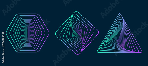 Twisted colored spiral. Curved wireframe tunnel. Vector technology logo element.