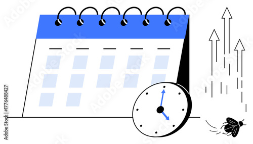 Desk calendar paired with a clock, surrounded by upward arrows and a flying insect symbolizing speed, progress, and time management. Ideal for scheduling, productivity, efficiency, deadlines, growth