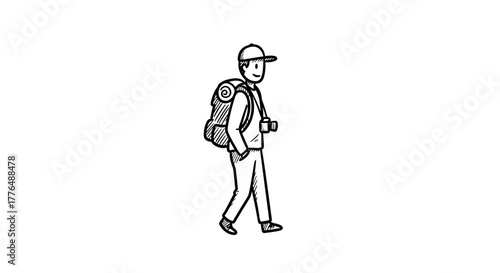 Handdrawn traveler character with backpack and camera in sketch style