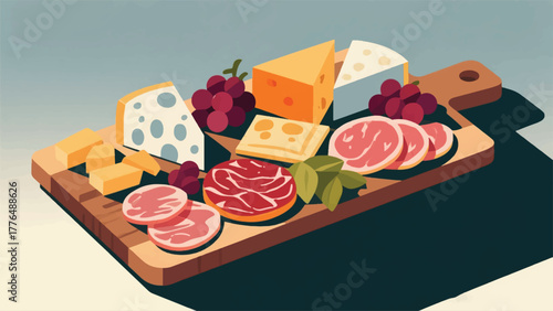 Illustration Vector Perfect Characterize Board Being Assembled With Cheeses, Meats, And Grapes Vector Design Template