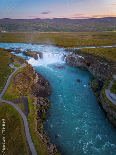 Aerial view of Godafoss waterfall in northern Iceland
